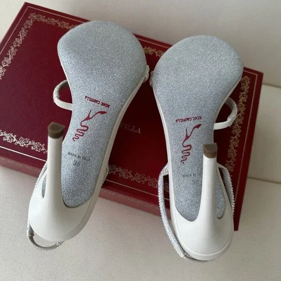 NEW Rene Caovilla Embellished Halter Cocktail Sandals SZ 38 White Crystal - Picture 3 of 9